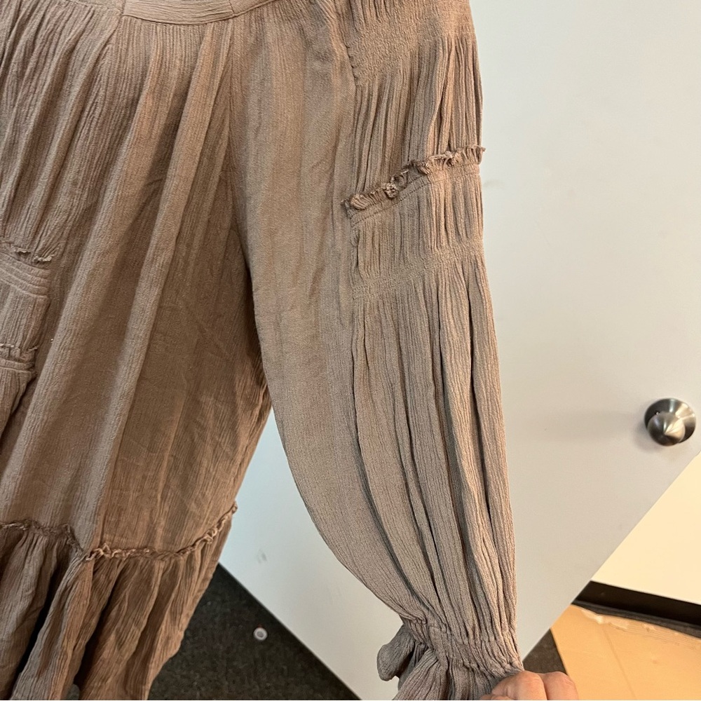 Free People Flowy Pleated Mini Dress XS Oversized Smocked Long Sleeve Boho - Picture 6 of 11
